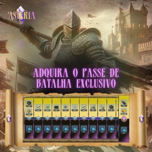 Arte representando o passe de batalha oferecido no jogo e desenhado pela Cupcode, um Guerreiro de armadura pesada de backgroud.