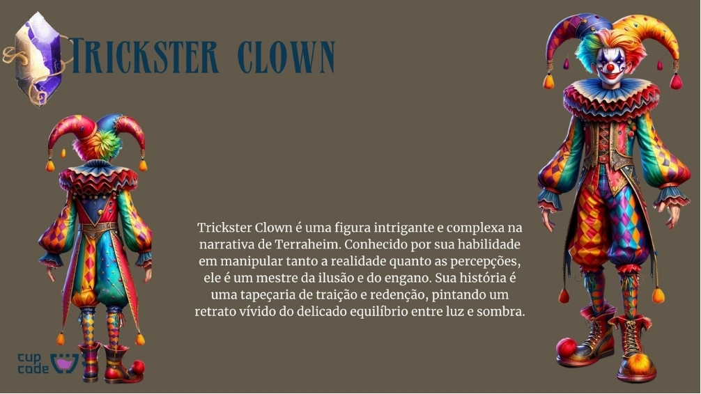 Trickster Clown, um Palhaço feito para representar um NPC do jogo, ele é todo colorido.