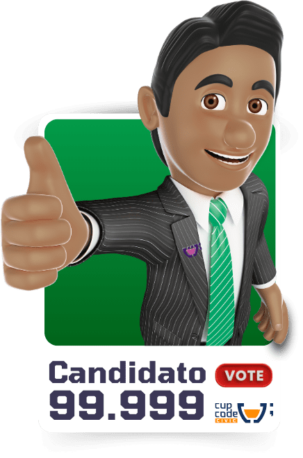 Material gráfico promocional da Cupcode Civic com caricatura 3D de um candidato sorridente, vestindo terno listrado e gravata verde, fazendo sinal de positivo. Ao fundo, o número do candidato '99.999' e o botão 'VOTE' destacam-se junto ao logotipo da Cupcode Civic, ressaltando materiais impressos impactantes para campanhas eleitorais.