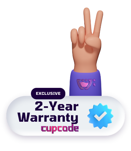 A seal with a blue verified icon, reading: Exclusive: Two-year warranty - Cupcode. Above the seal, a hand making a Peace and Love sign. The purple sleeve has the Cupcode logo.