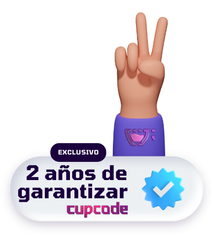 un sello con un ícono de verificación azul, con el texto: Exclusivo: Dos años de garantía - Cupcode, encima del sello una mano haciendo el signo de Paz y Amor, en la manga morada con el logotipo de Cupcode.