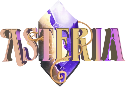 Logo do jogo Asteria, criada pela Cupcode, com design em 3D usando fonte roxa e amarela em degradê. A logo apresenta um cristal com metade amarela representando a luz e metade roxa representando a escuridão, simbolizando a batalha entre luz e trevas. Vinhas amarelas saem do cristal e entrelaçam as letras, destacando o choque central de luz e escuridão. Design elegante e colorido ideal para branding de jogos.