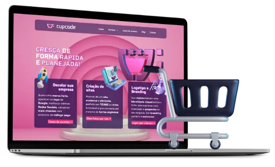 Mackbook com uma tela de uma Landing page rosa da cupcode com um carrinho roxo e branco na frente